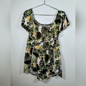 Justify Green and Yellow Tropical Print Romper with Crochet Trim Women's Size L.